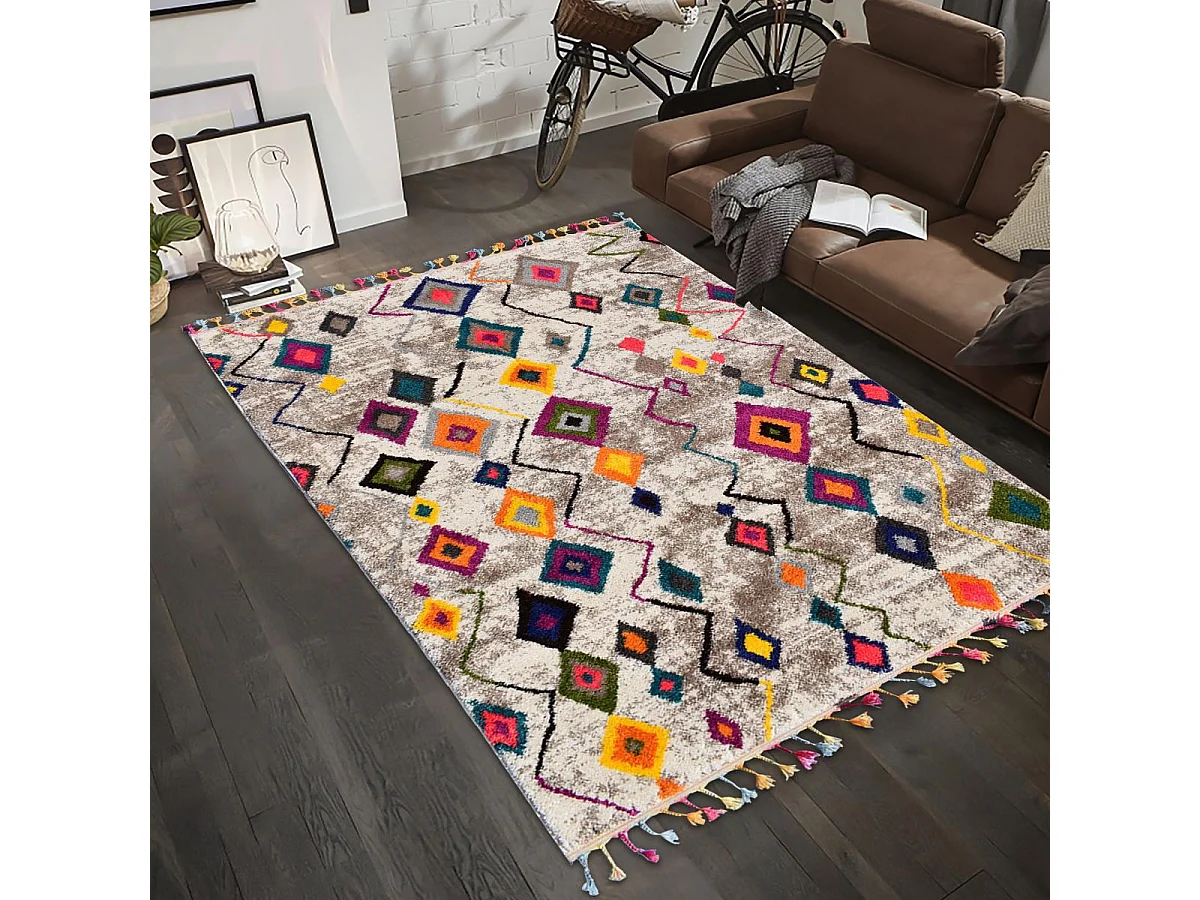 Tapis berbère 120x170 tissé motif ethnic LYN5 ESSARO gris et rouge