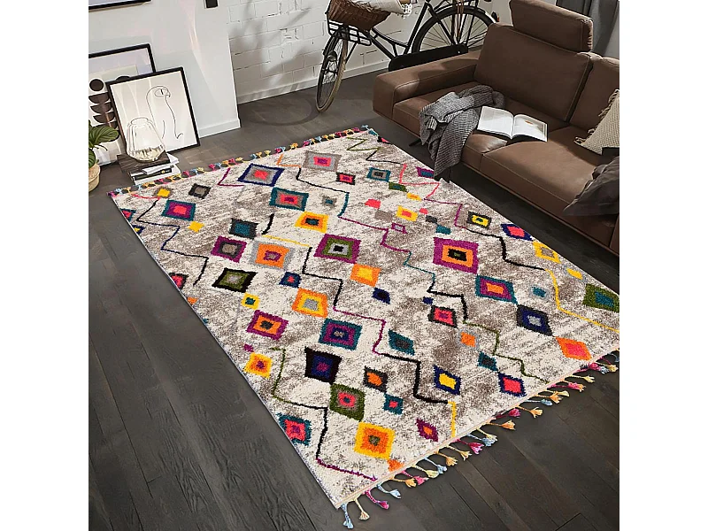 Tapis berbère 120x170 tissé motif ethnic LYN5 ESSARO gris et rouge
