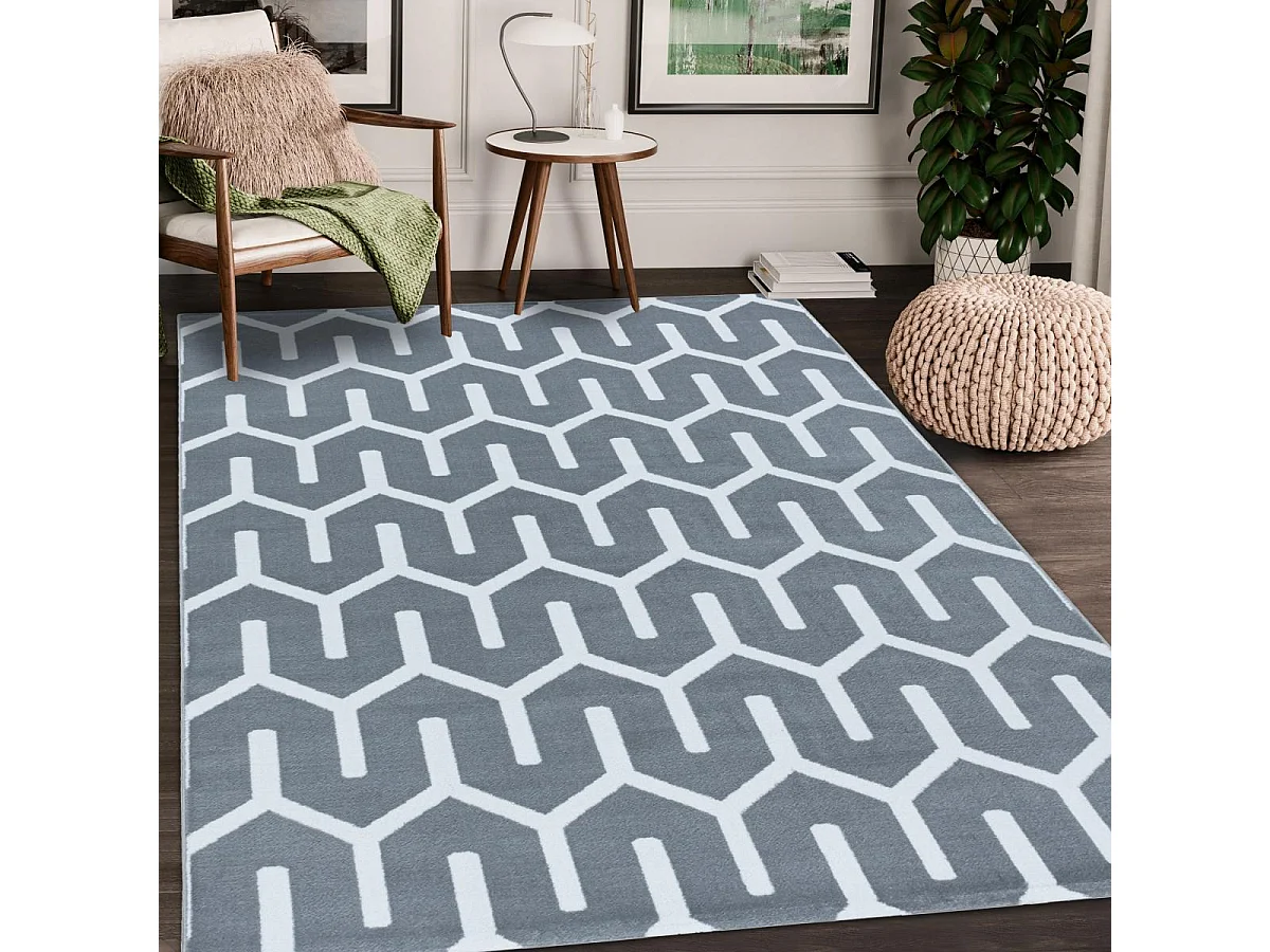 tapis salle à manger 200x290 tissé gris et blanc rectangle motif scandinave