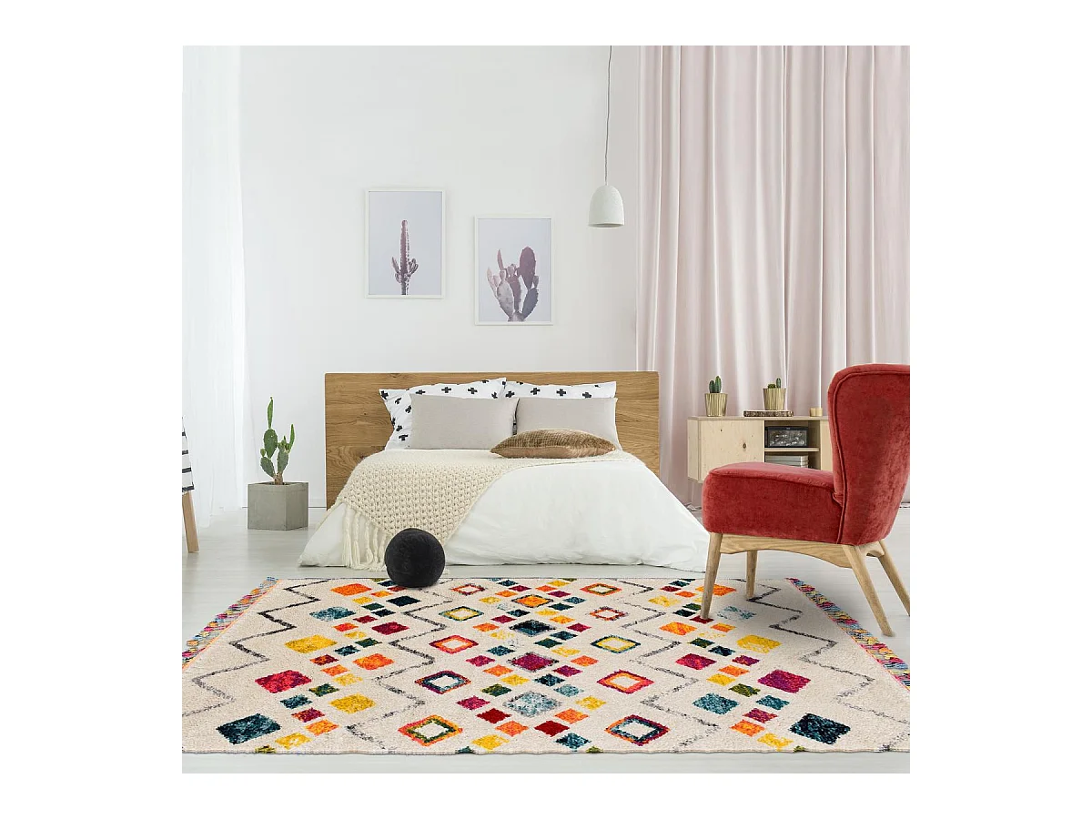 tapis chambre 120x170 tissé crème et jaune rectangle motif berbère LYN5 OURIKA