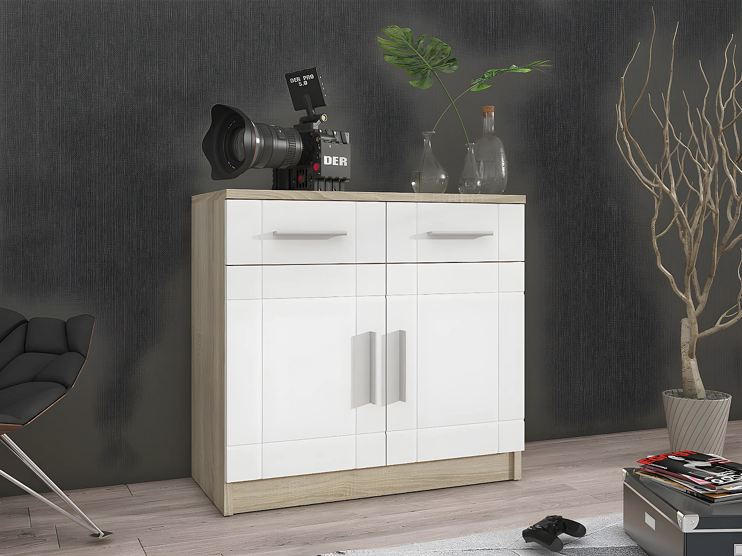 Cómoda Tucson 144, Roble Sonoma|Blanco, Con cajones y puertas, Número de cajones: 2, 70cm