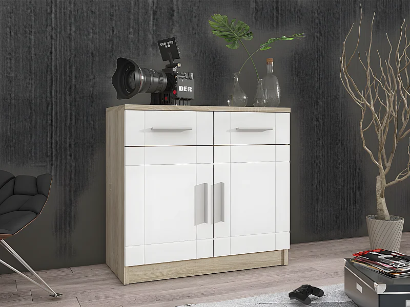 Commode Tucson 144, Sonoma chêne|Blanc, Tiroirs et portes, Nombre de tiroirs: 2, 70x69cm