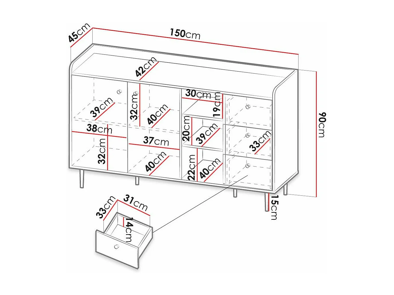 Cómoda Ferenou 100, Roble oscuro|Negro, Con cajones y puertas, Número de cajones: 3, 90cm