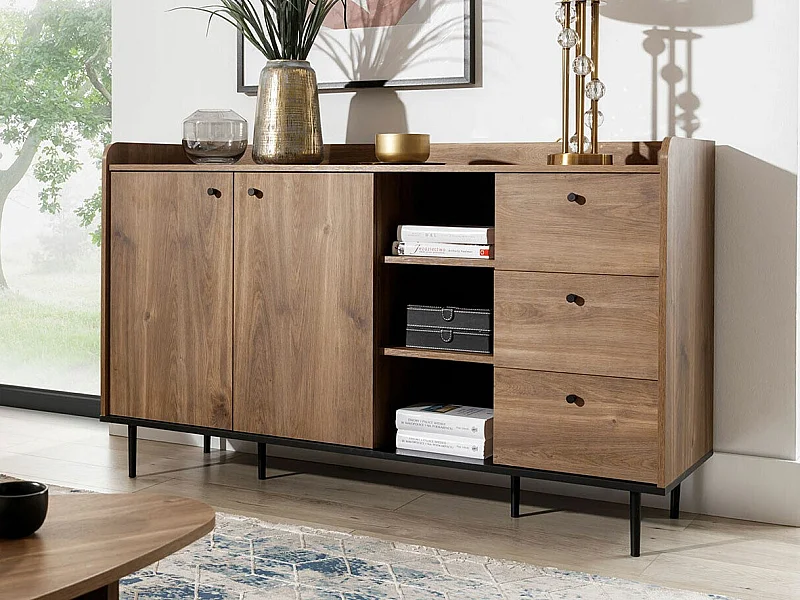 Cómoda Ferenou 100, Roble oscuro|Negro, Con cajones y puertas, Número de cajones: 3, 90cm