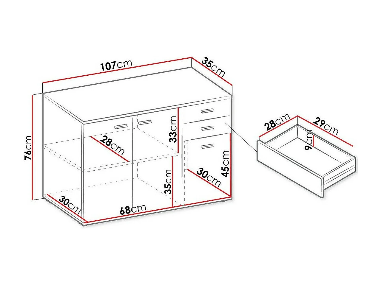 Commode Tucson 132, Blanc, Avec tiroirs et portes, Nombre de tiroirs: 2, 76x107x35cm