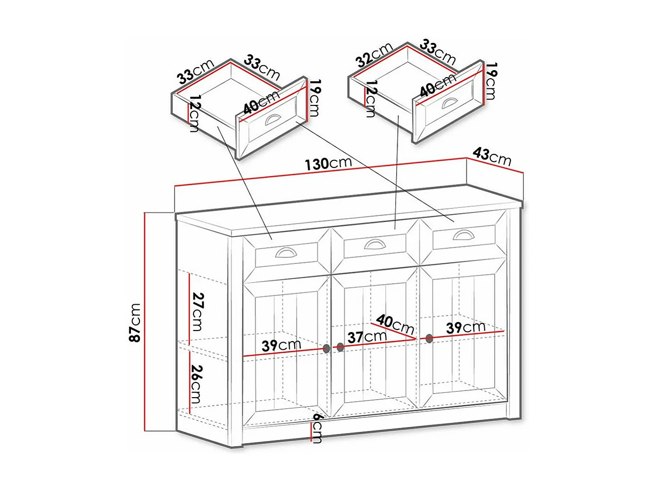 Commode Ferdore 101, Pin Anderson|Chêne de Lefkas, Tiroirs et portes, 87x130x43cm