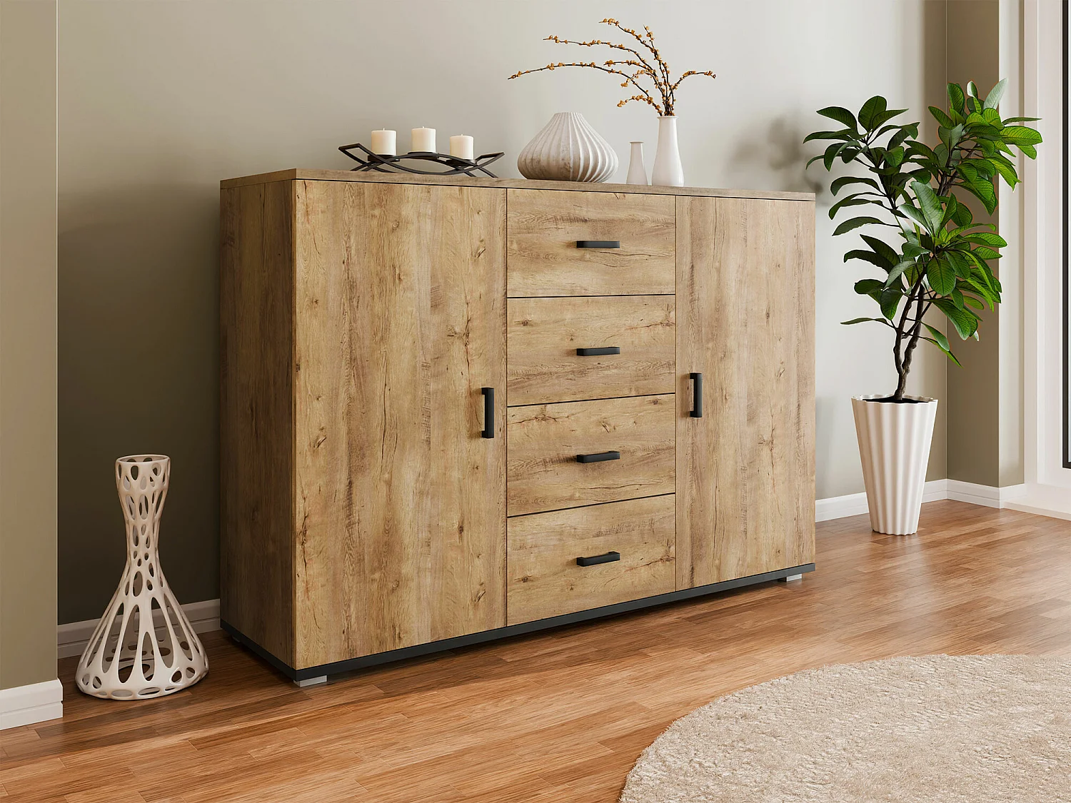 Commode Charlotte 118, Noir|Chêne de Lefkas, Avec tiroirs et portes, Nombre de tiroirs: 4