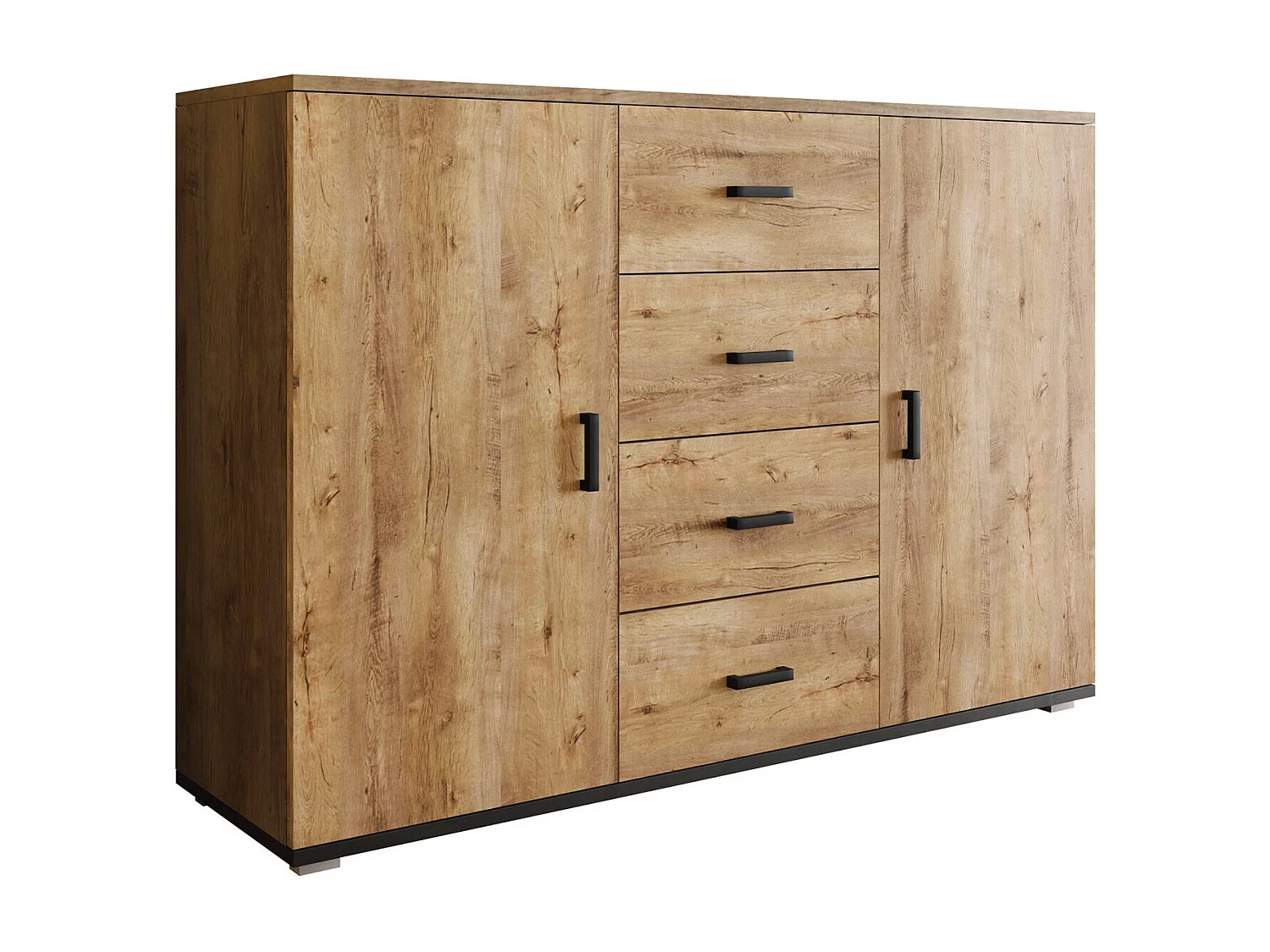 Commode Charlotte 118, Noir|Chêne de Lefkas, Avec tiroirs et portes, Nombre de tiroirs: 4