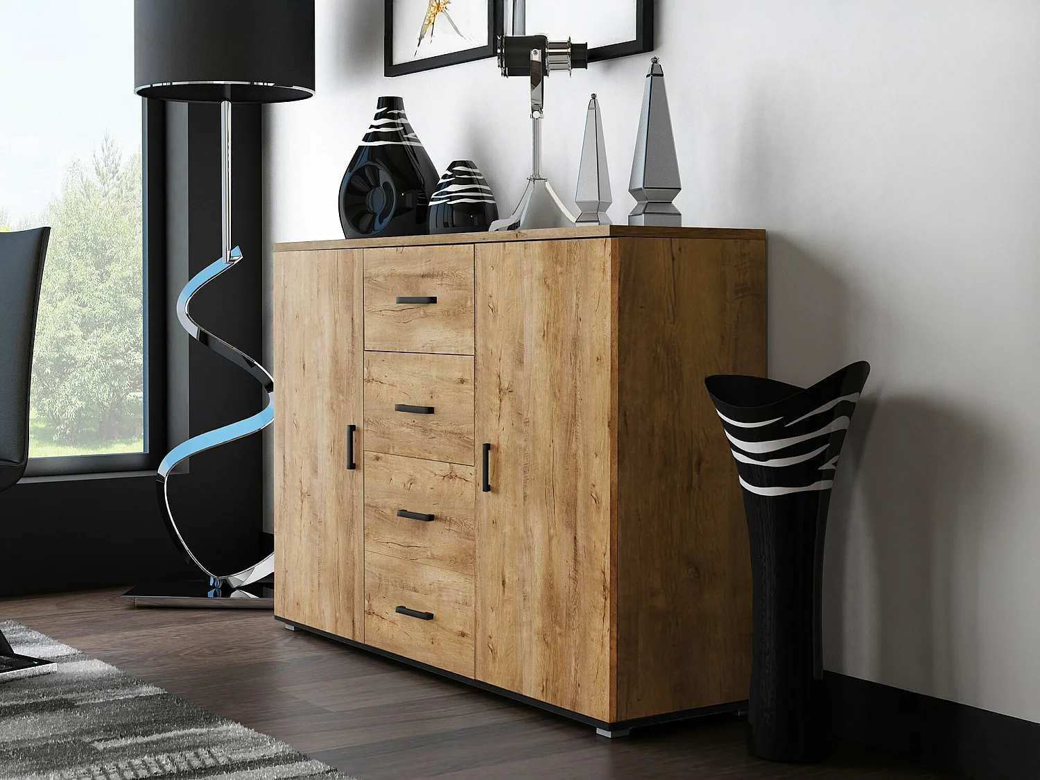 Commode Charlotte 118, Noir|Chêne de Lefkas, Avec tiroirs et portes, Nombre de tiroirs: 4