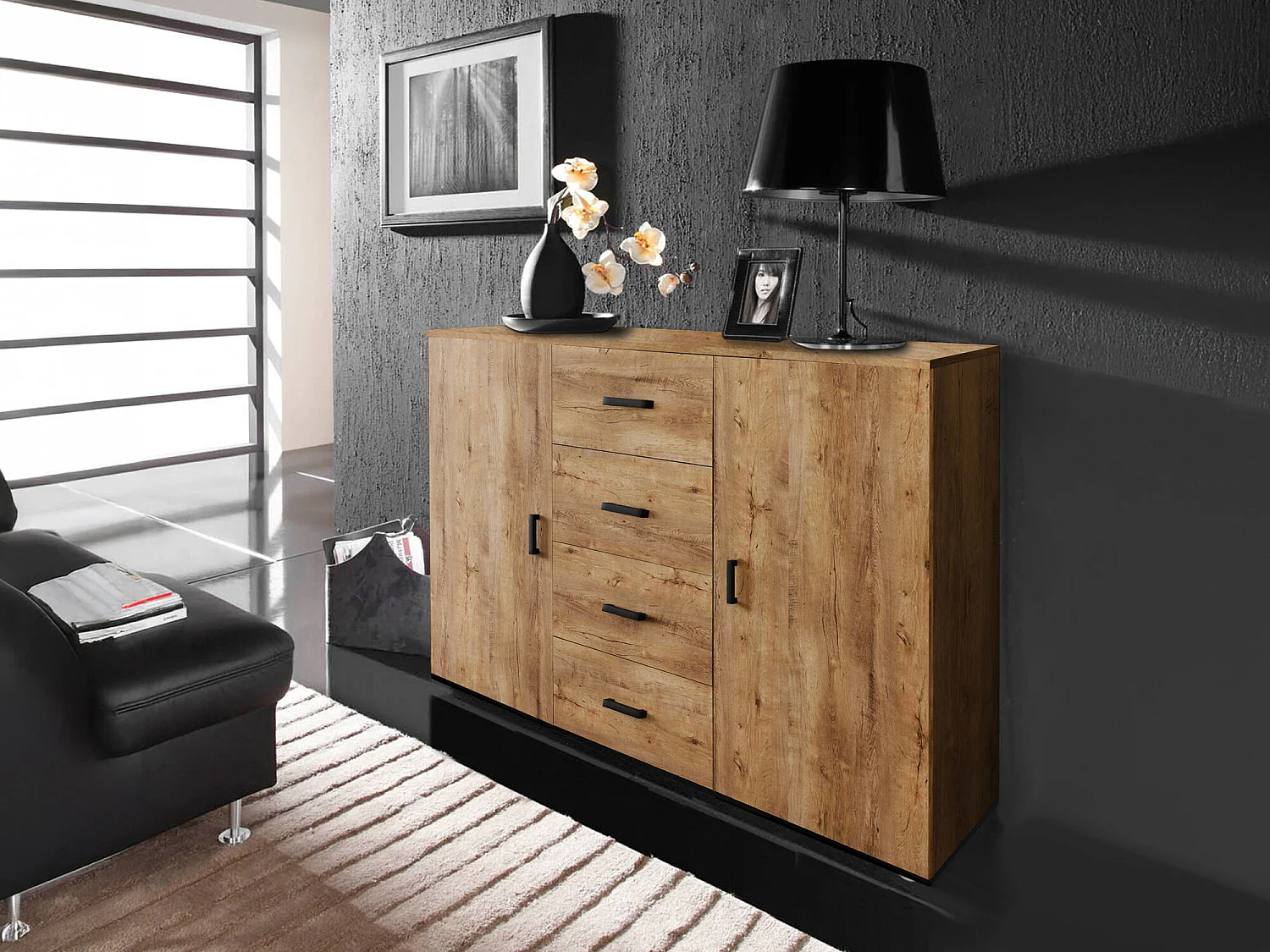 Commode Charlotte 118, Noir|Chêne de Lefkas, Avec tiroirs et portes, Nombre de tiroirs: 4