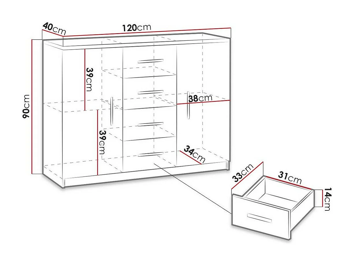 Cómoda Catromi 100, Roble del Monastery, Con cajones y puertas, Número de cajones: 4,