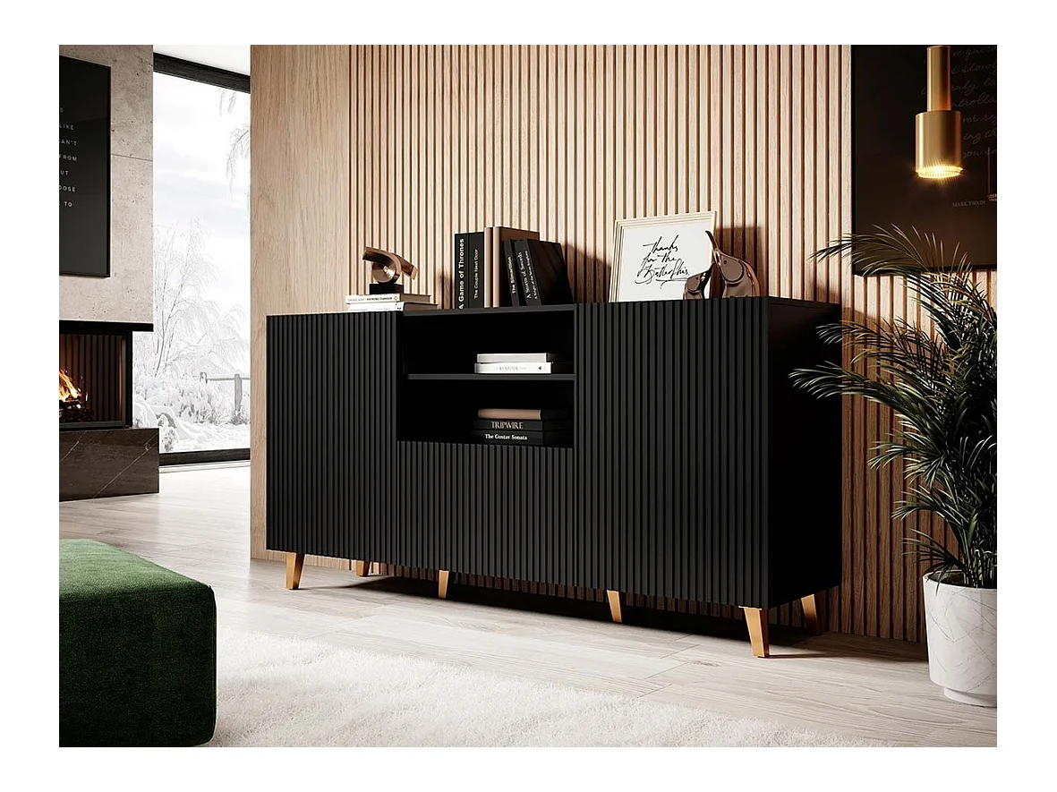 Commode Levmari 100, Noir, Avec tiroirs et portes, Nombre de tiroirs: 1, 83x151x40cm
