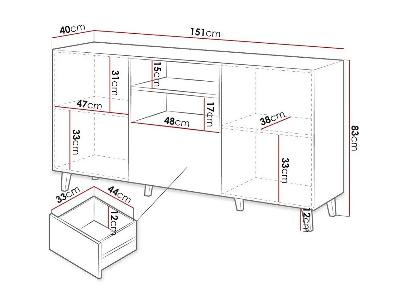 Cómoda Levmari 100, Negro, Con cajones y puertas, Número de cajones: 1, 83x151x40cm