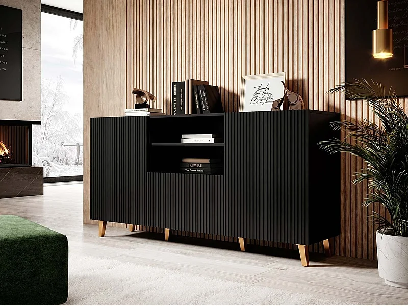 Commode Levmari 100, Noir, Tiroirs et portes, Nombre de tiroirs: 1, 83x151x40cm