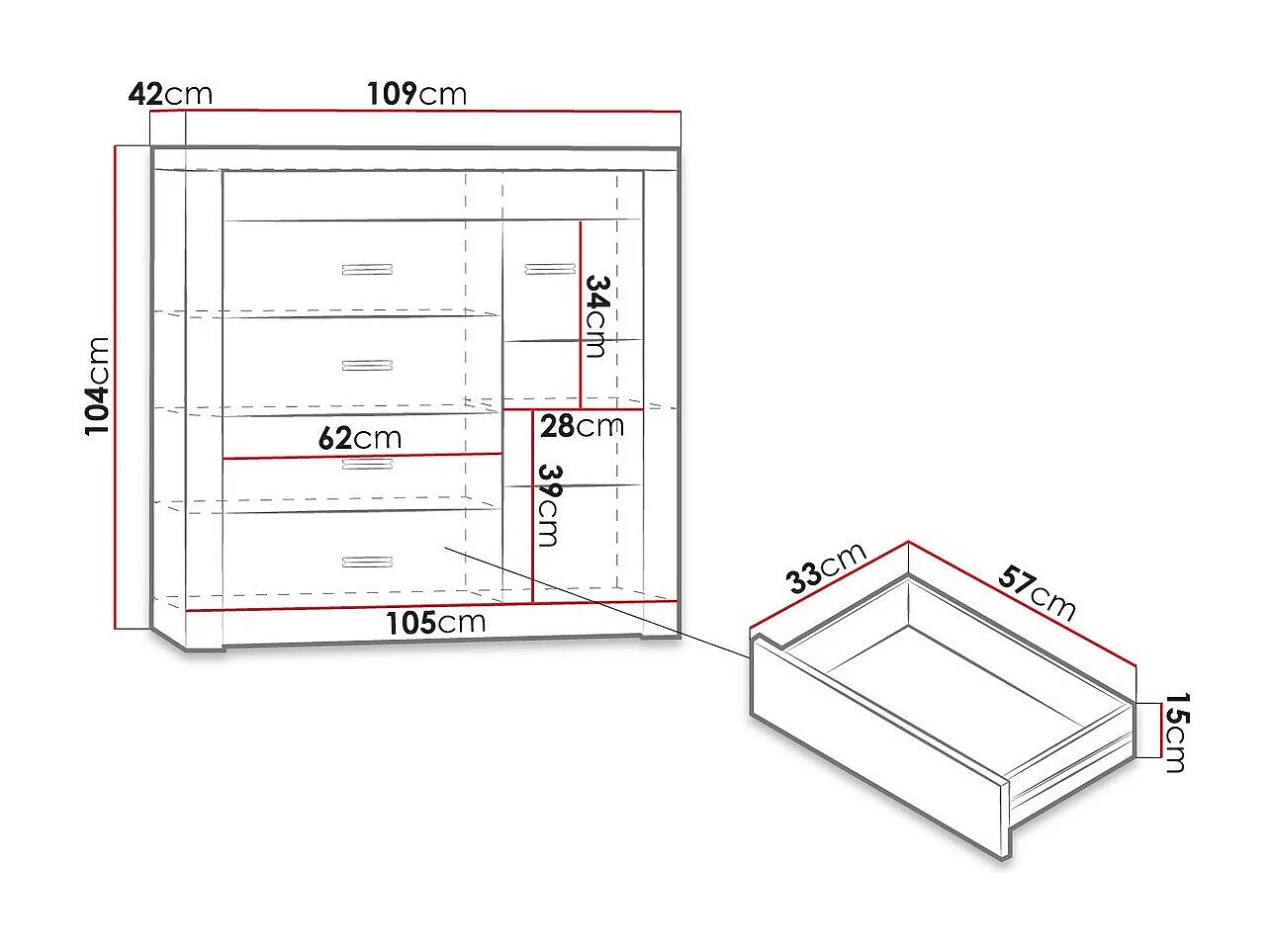 Cómoda Serfeno 115, Com gavetas e portas, Número de gavetas: 4