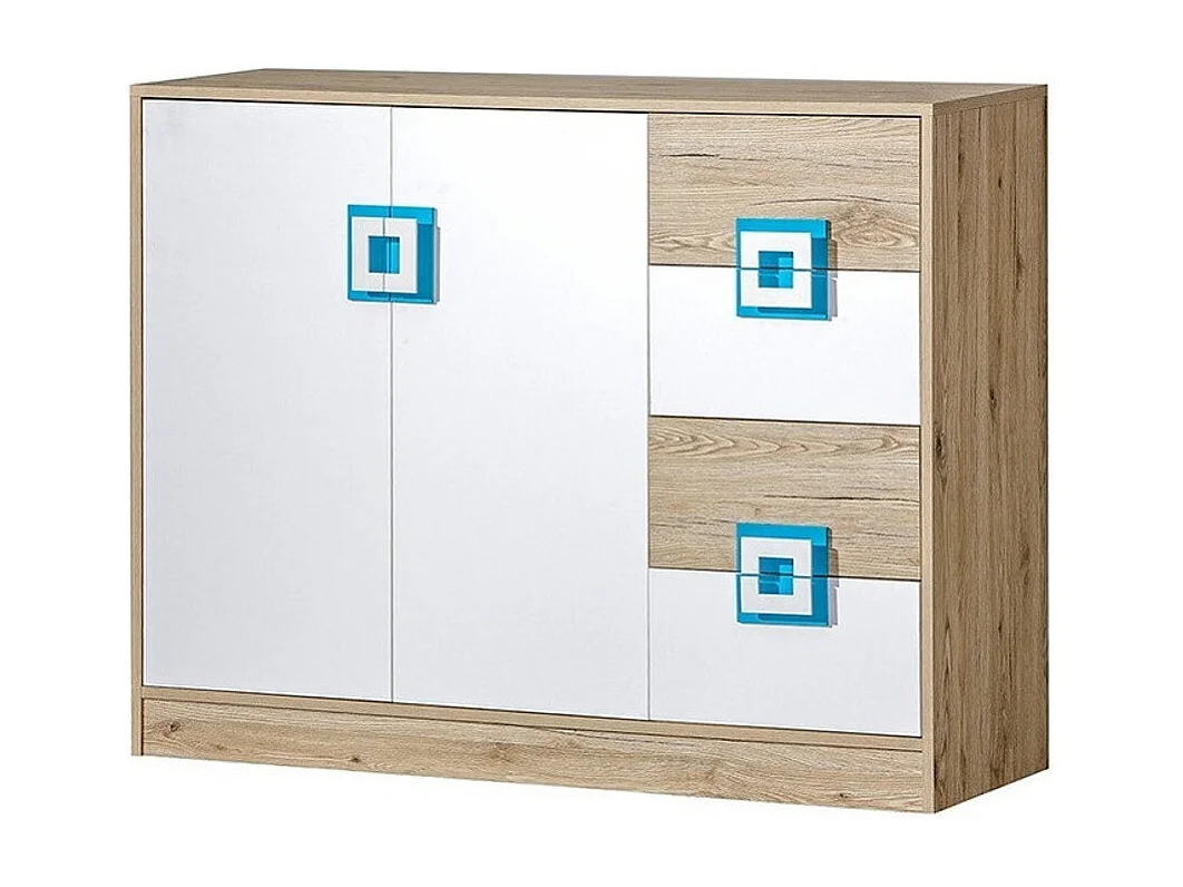 Cómoda Tolfere 100, Roble claro|Blanco|Turquesa, Con cajones y puertas, 93x120x40cm