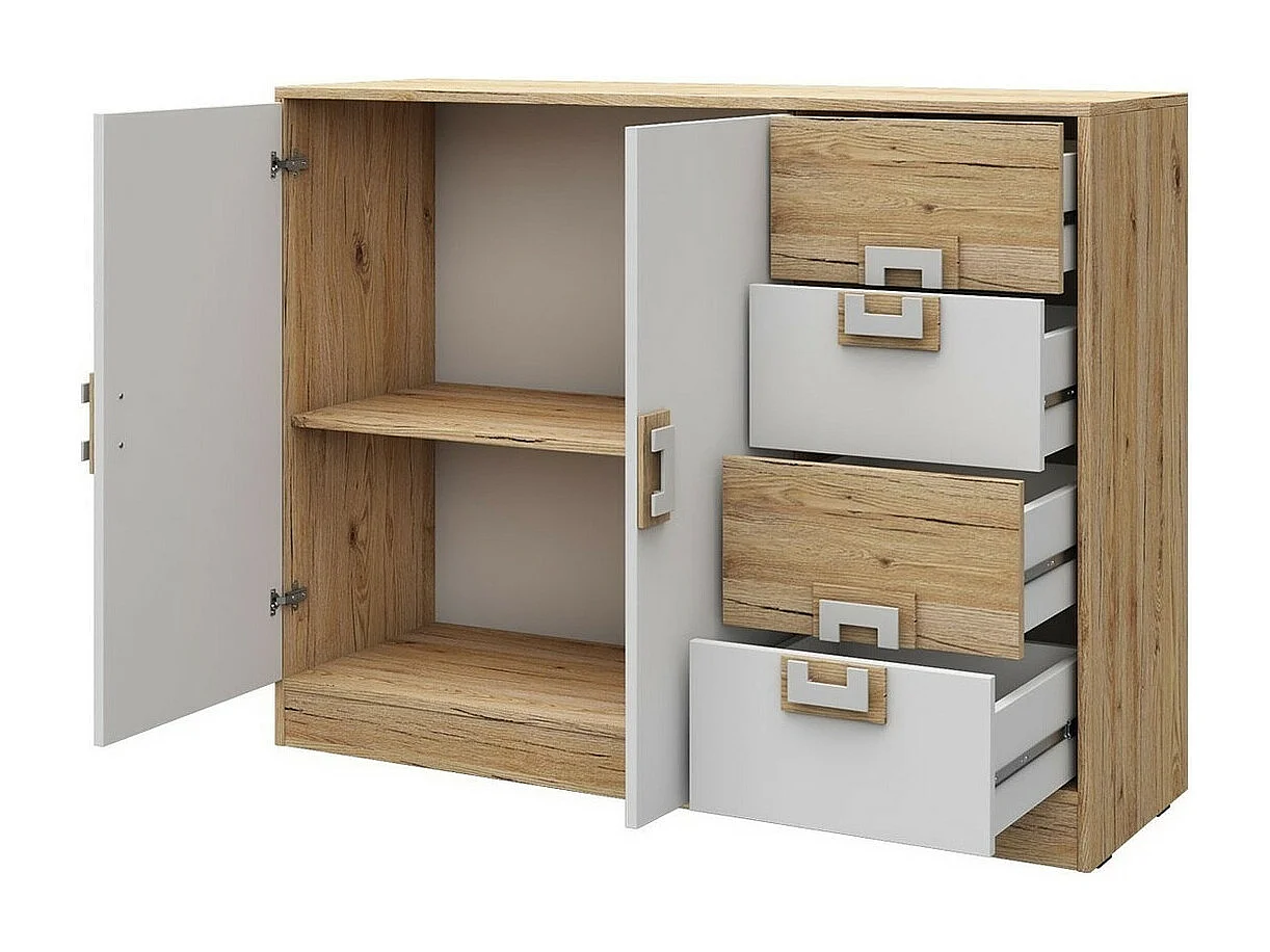 Cómoda Tolfere 100, Roble claro|Blanco|Turquesa, Con cajones y puertas, 93x120x40cm