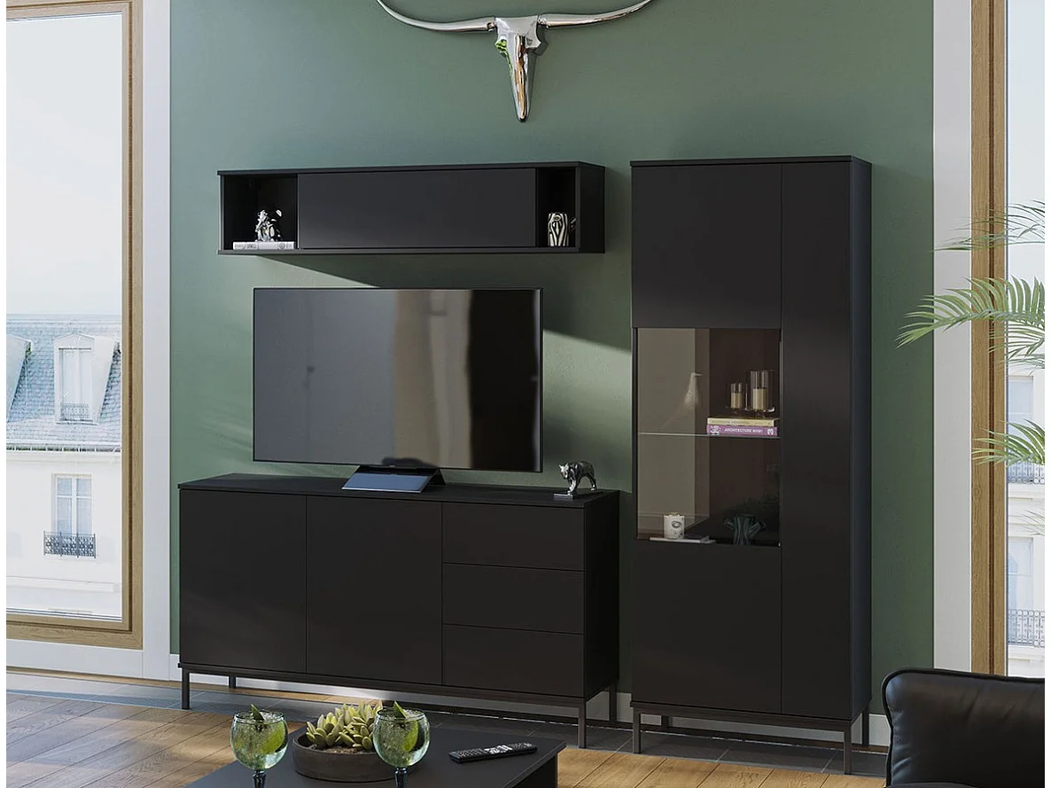 Cómoda Lomsore 104, Negro, Con cajones y puertas, Número de cajones: 3, 80x150x41cm