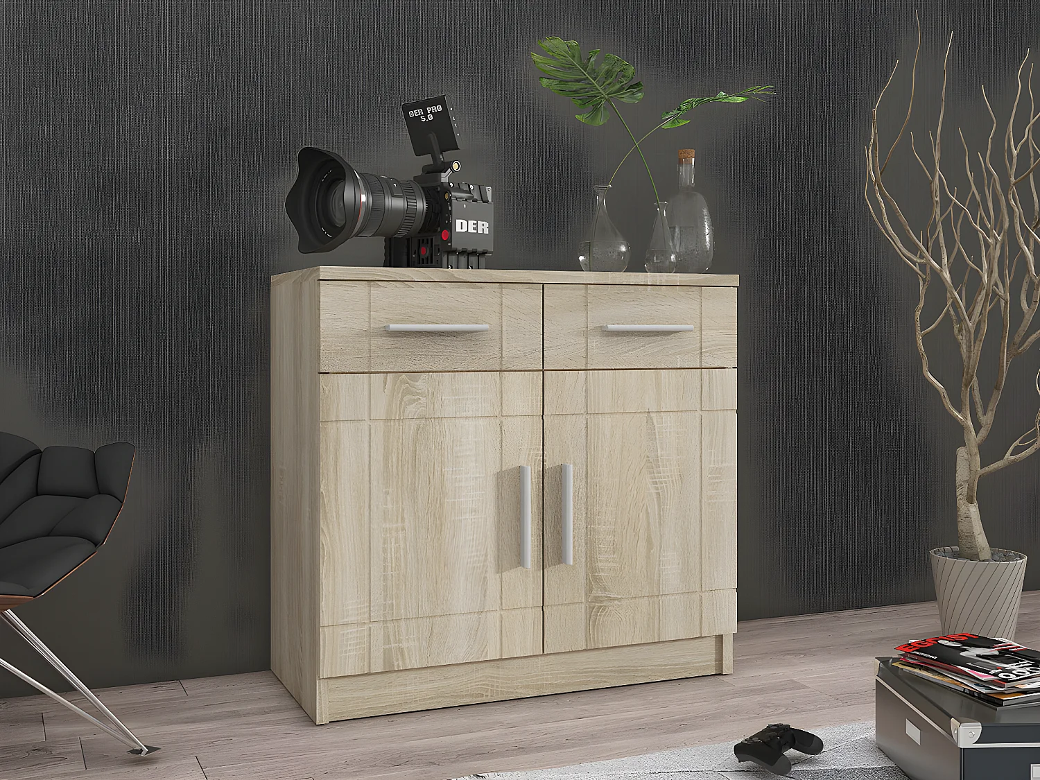 Cómoda Tucson 144, Roble Sonoma, Con cajones y puertas, Número de cajones: 2, 70x69x37cm