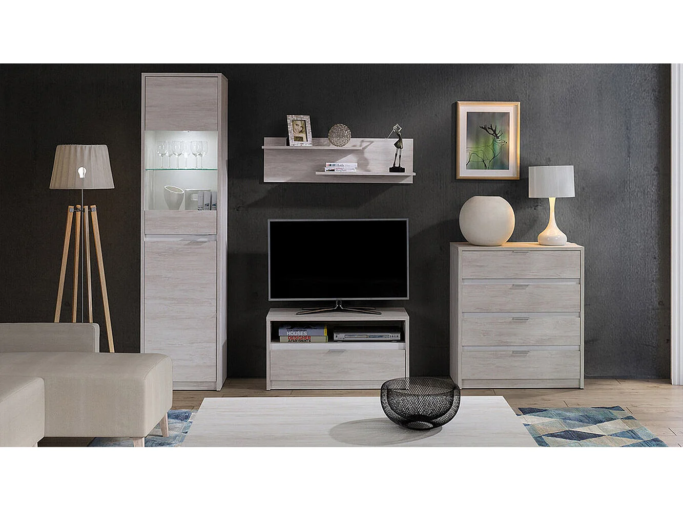 Cómoda Fivelbo 102, Negro brillante|Roble del Monastery, Con cajones, 90x81x40cm