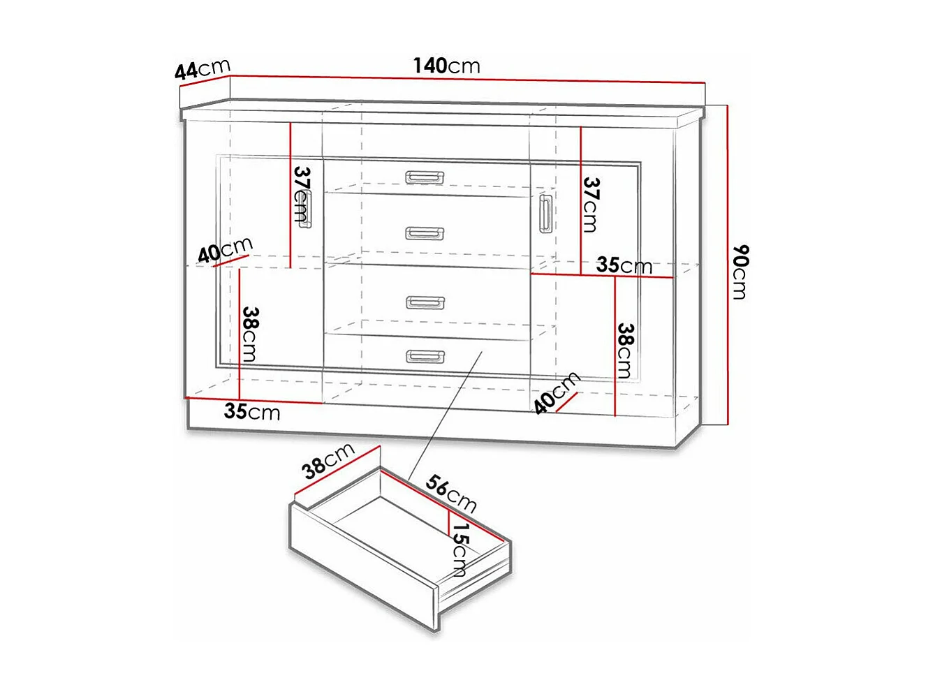Cómoda Lircava 105, Roble de lefkada, Con cajones y puertas, Número de cajones: 4, 90cm
