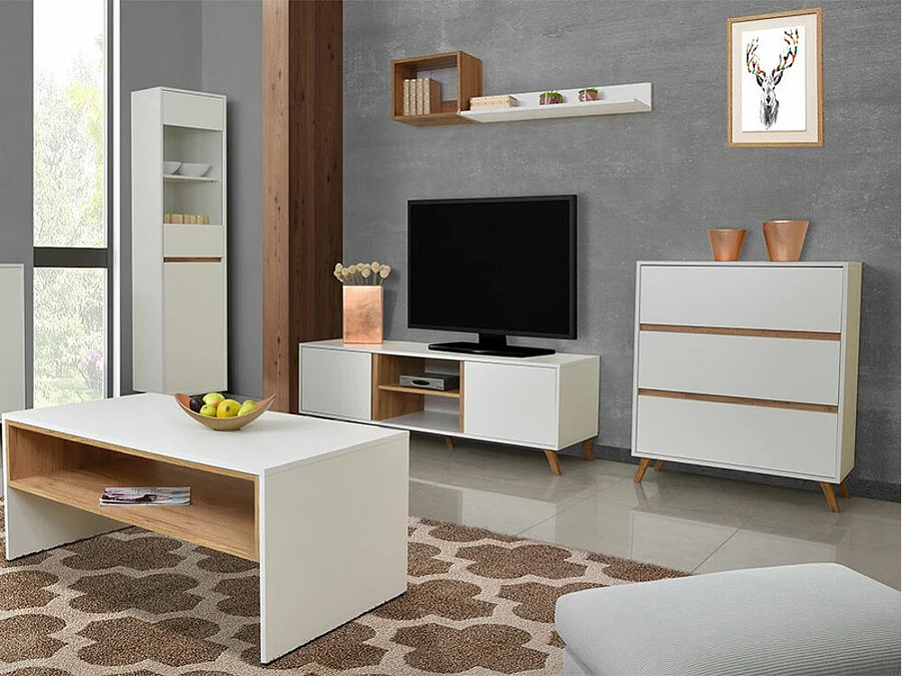 Cómoda Mavenoa 101, Blanco|Roble dorado, Con cajones, Número de cajones: 3, 95x80x35cm