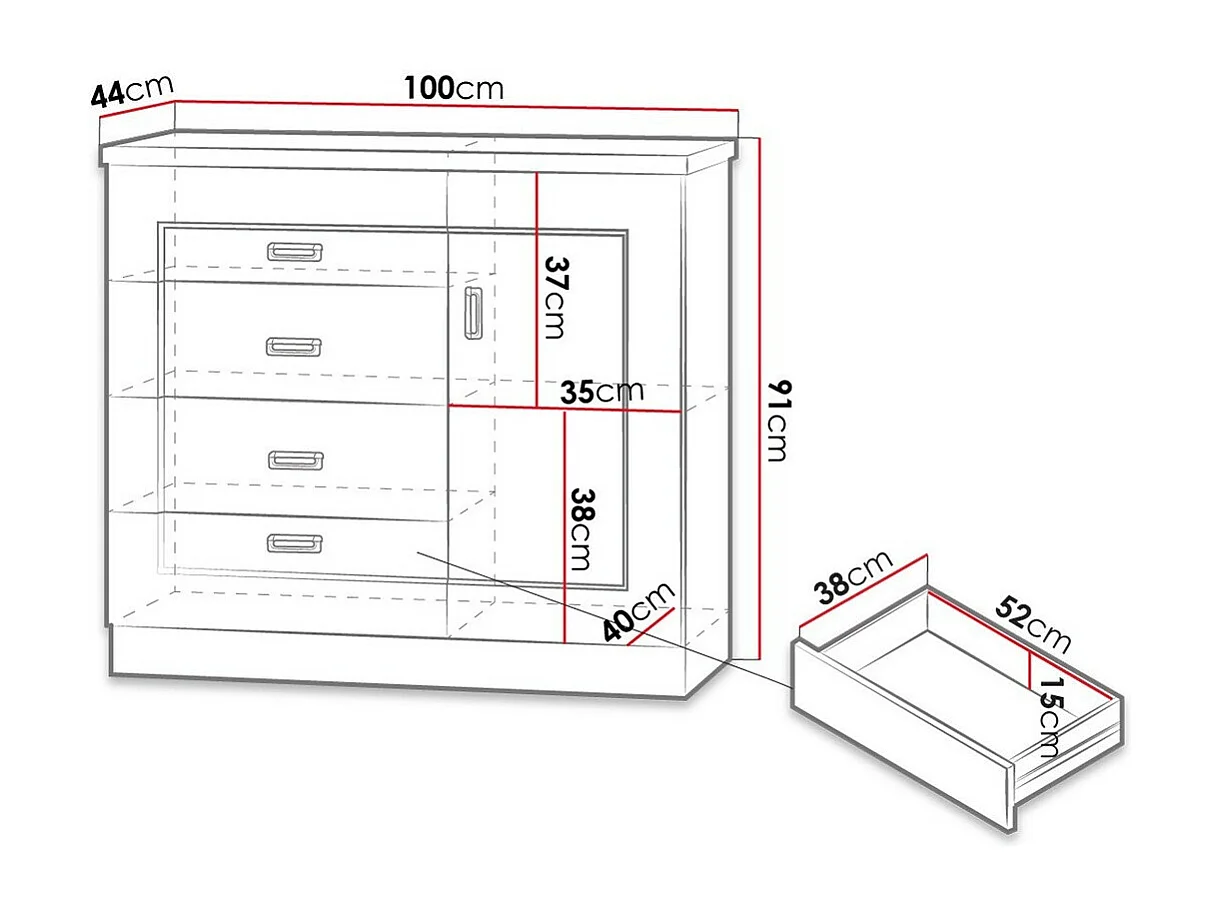 Commode Lircava 117, Chêne de Lefkas, Tiroirs et portes, Nombre de tiroirs: 4, 91x100cm