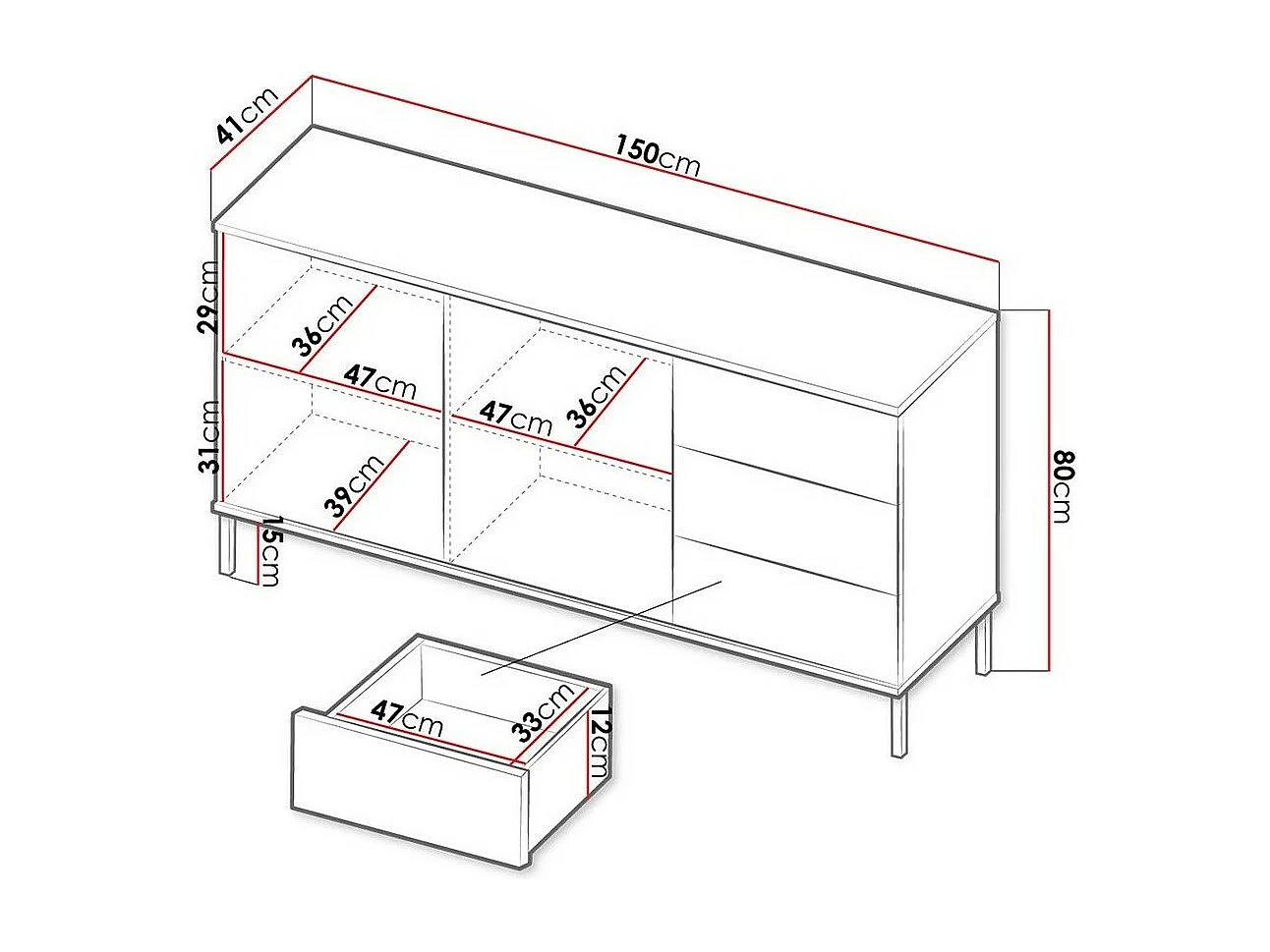 Cómoda Lomsore 104, Blanco, Con cajones y puertas, Número de cajones: 3, 80x150x41cm
