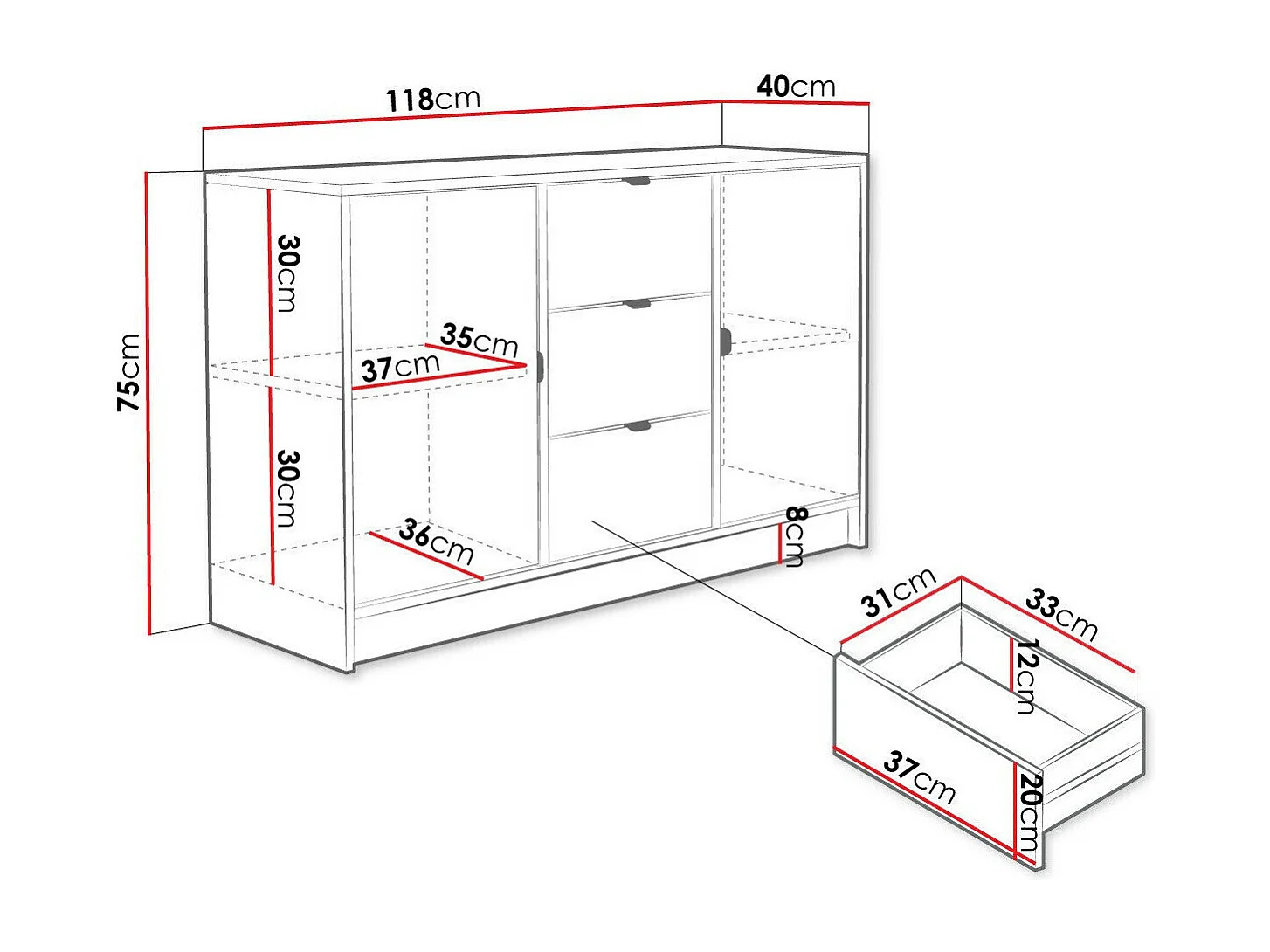 Cómoda Comfivo Larmire 101, Negro, Con cajones y puertas, 75x118x40cm