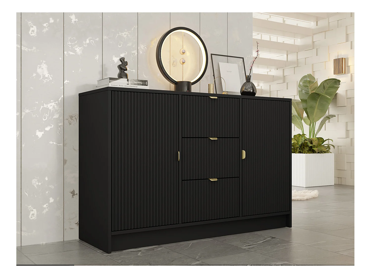 Commode Comfivo Larmire 101, Noir, Avec tiroirs et portes, 75x118x40cm