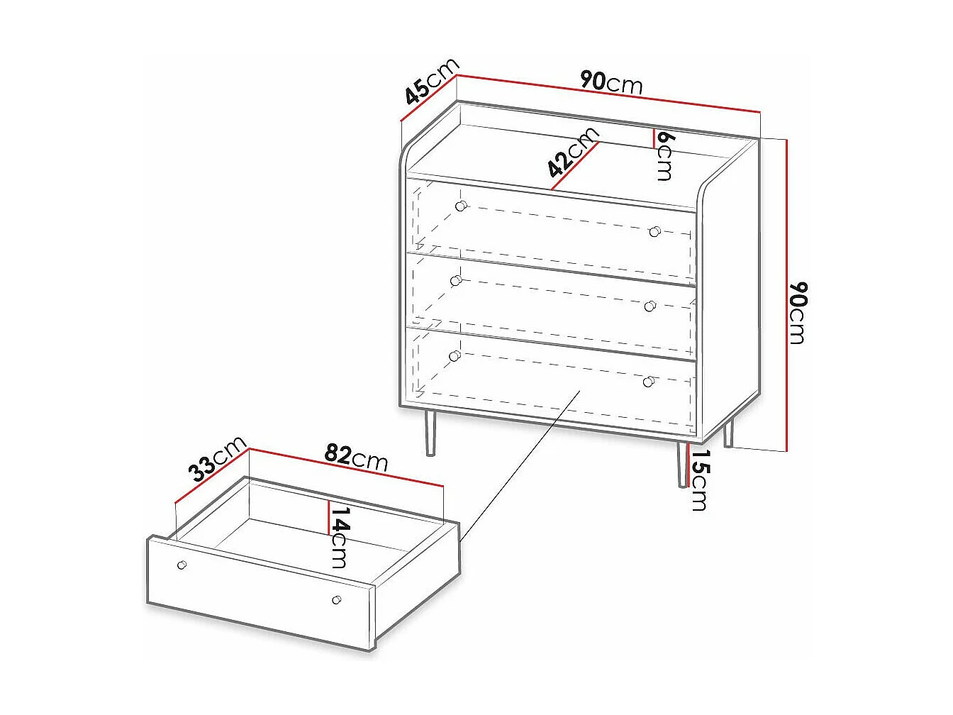 Cómoda Ferenou 101, Negro|Roble oscuro, Con cajones, Número de cajones: 3, 90x90x45cm