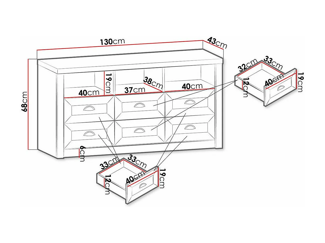 Cómoda Ferdore 104, Pino Anderson|Roble de lefkada, Con cajones, Número de cajones: 6,