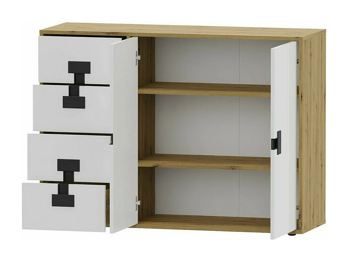 Cómoda Florevi 102, Roble Artisan|Blanco brillante, Con cajones y puertas, 86x117x40cm