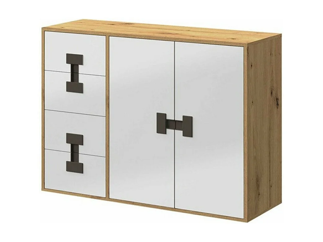 Commode Florevi 102, Chêne Artisan|Blanc brillant, Tiroirs et portes, 86x117x40cm