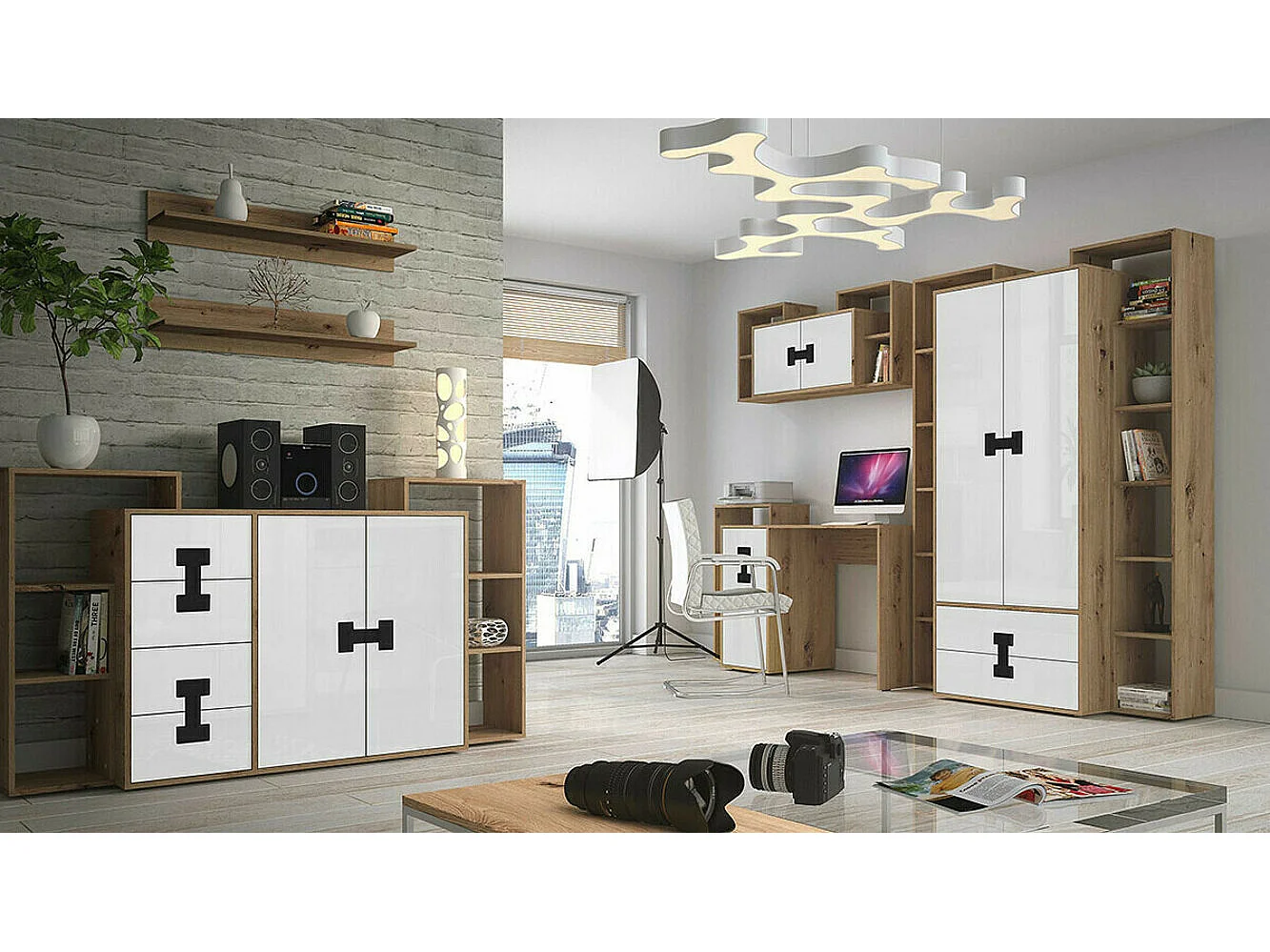 Commode Florevi 102, Chêne Artisan|Blanc brillant, Tiroirs et portes, 86x117x40cm