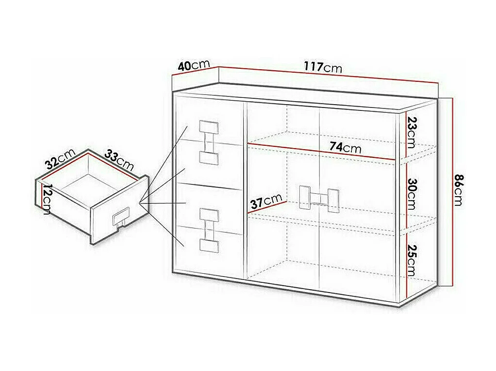 Commode Florevi 102, Chêne Artisan|Blanc brillant, Tiroirs et portes, 86x117x40cm