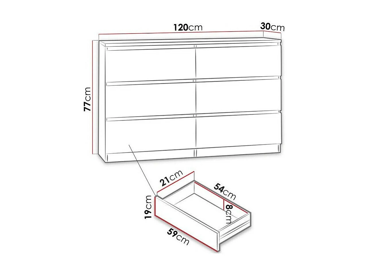 Commode Comfivo 186, Blanc, Avec tiroirs, Nombre de tiroirs: 6, 77x120x30cm