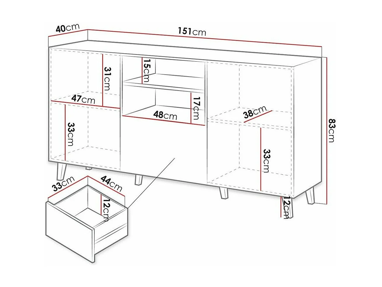 Cómoda Levmari 100, Blanco, Con cajones y puertas, Número de cajones: 1, 83x151x40cm