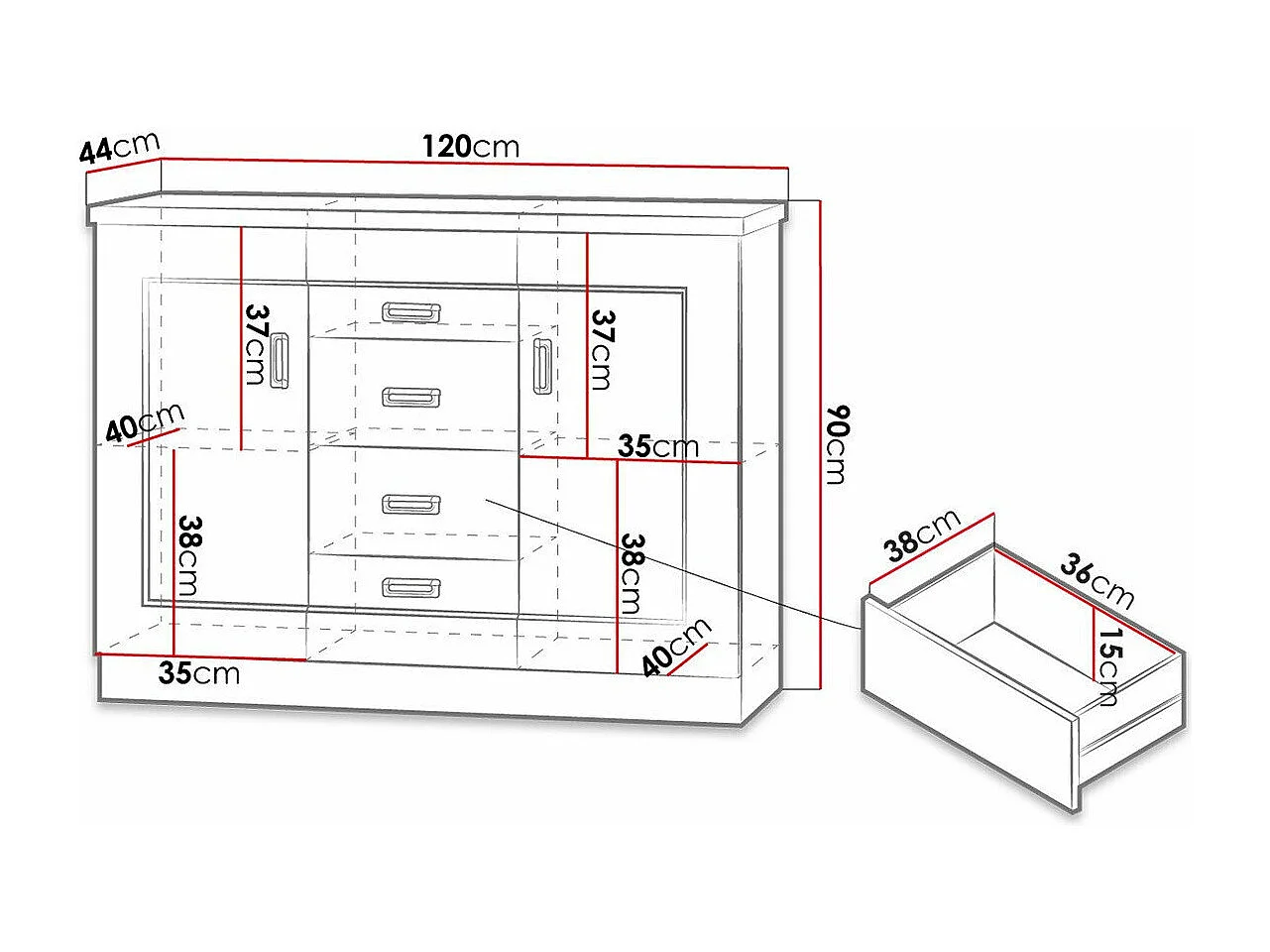 Cómoda Lircava 104, Roble de lefkada, Con cajones y puertas, Número de cajones: 4, 90cm