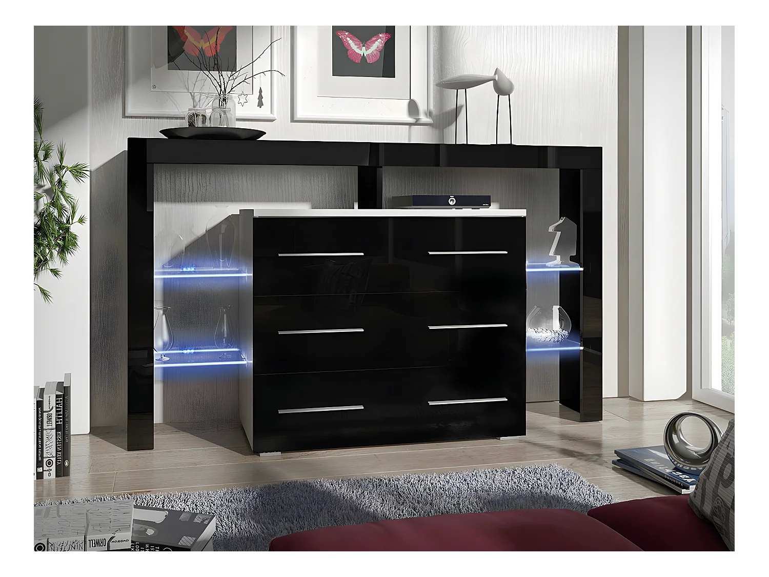 Commode Nashville 108, Noir brillant|Blanc, Avec tiroirs, Nombre de tiroirs: 3, 101x140cm