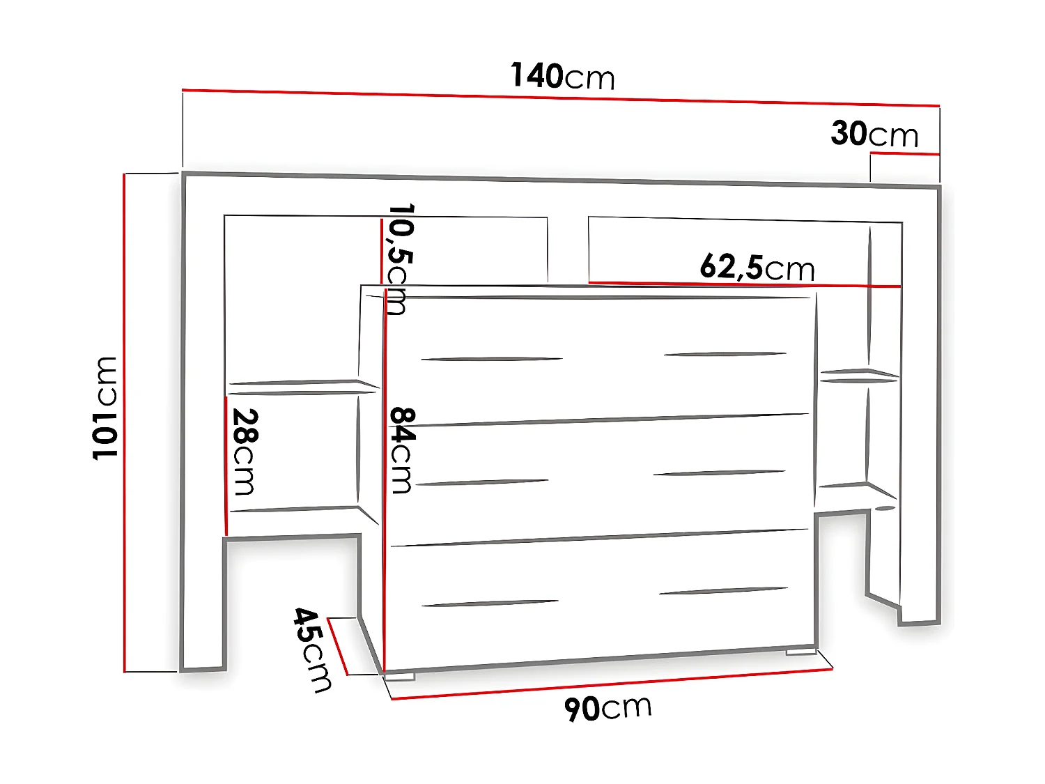 Cómoda Nashville 108, Negro brillante|Blanco, Con cajones, Número de cajones: 3, 101x45cm