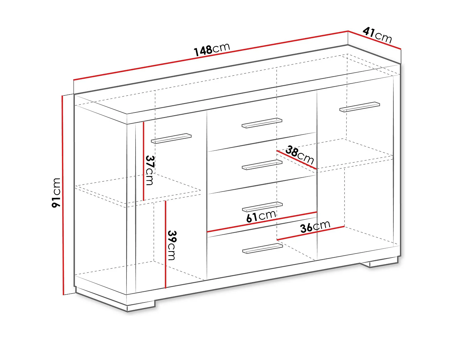 Cómoda Fiomeri 101, Com gavetas e portas, Número de gavetas: 4