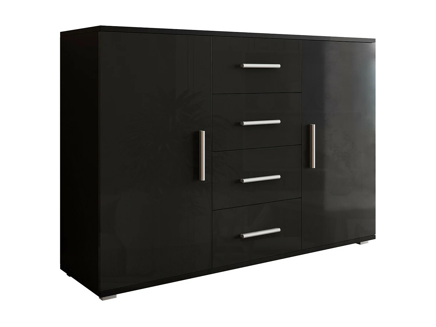 Commode Charlotte 118, Noir brillant|Noir, Avec tiroirs et portes, Nombre de tiroirs: 4,