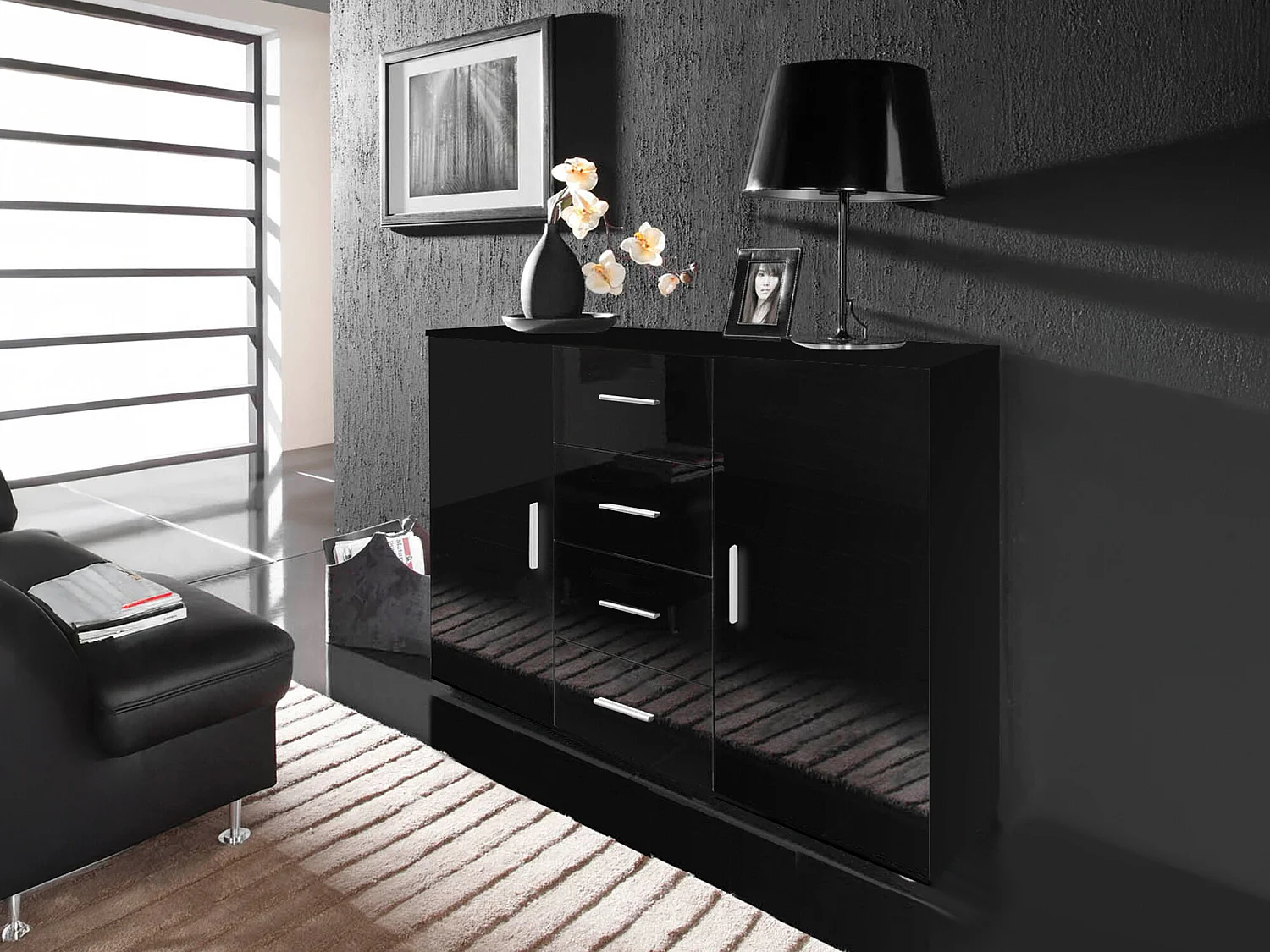Commode Charlotte 118, Noir brillant|Noir, Avec tiroirs et portes, Nombre de tiroirs: 4,