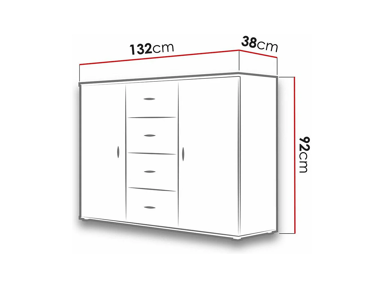 Commode Charlotte 118, Noir brillant|Noir, Avec tiroirs et portes, Nombre de tiroirs: 4,