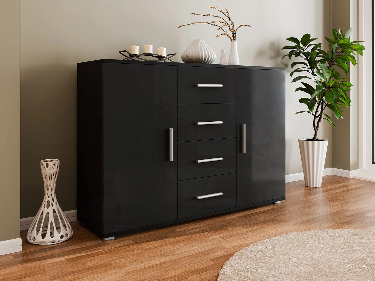 Commode Charlotte 118, Noir brillant|Noir, Tiroirs et portes, Nombre de tiroirs: 4, 92cm
