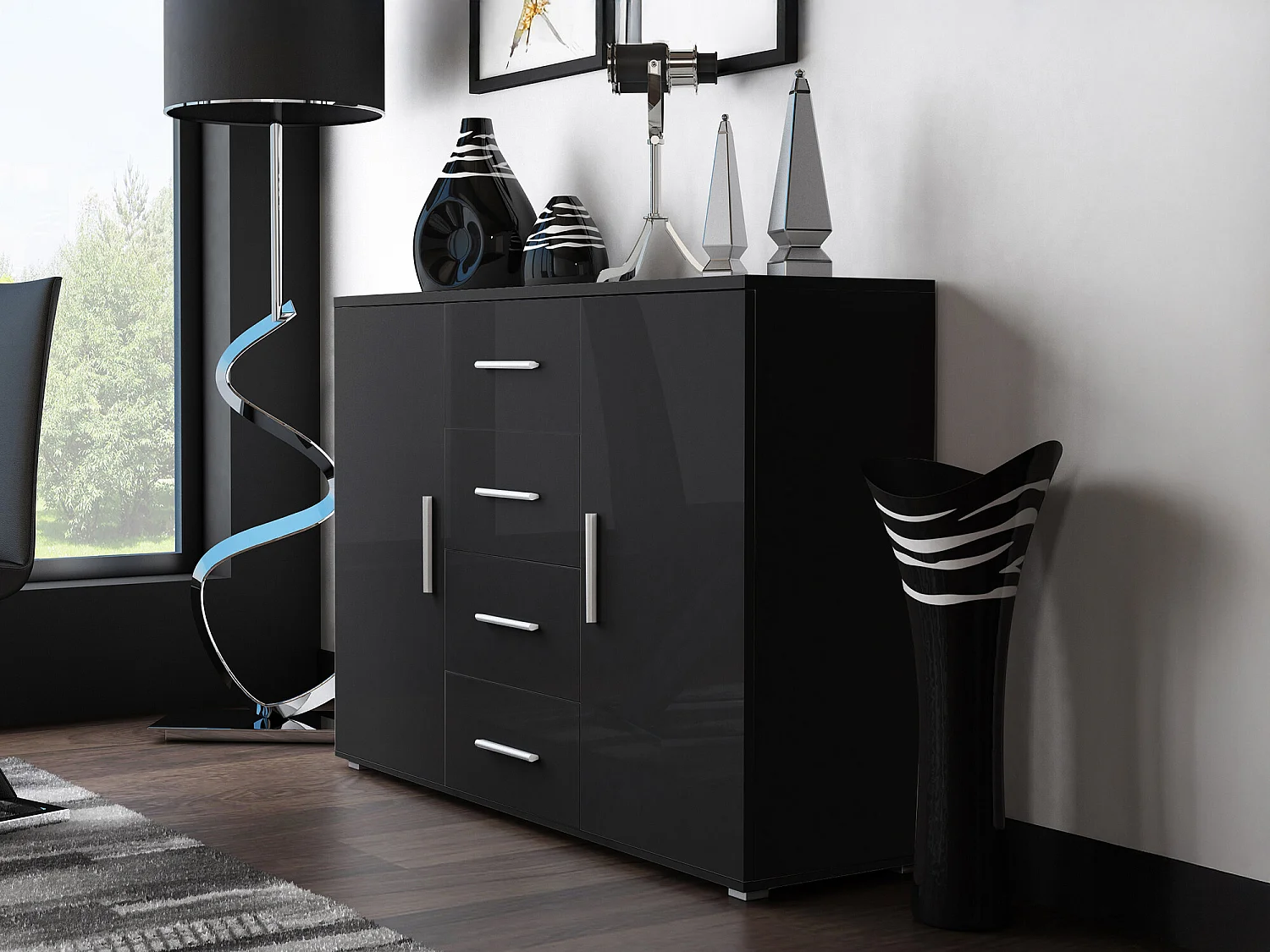 Commode Charlotte 118, Noir brillant|Noir, Tiroirs et portes, Nombre de tiroirs: 4, 92cm