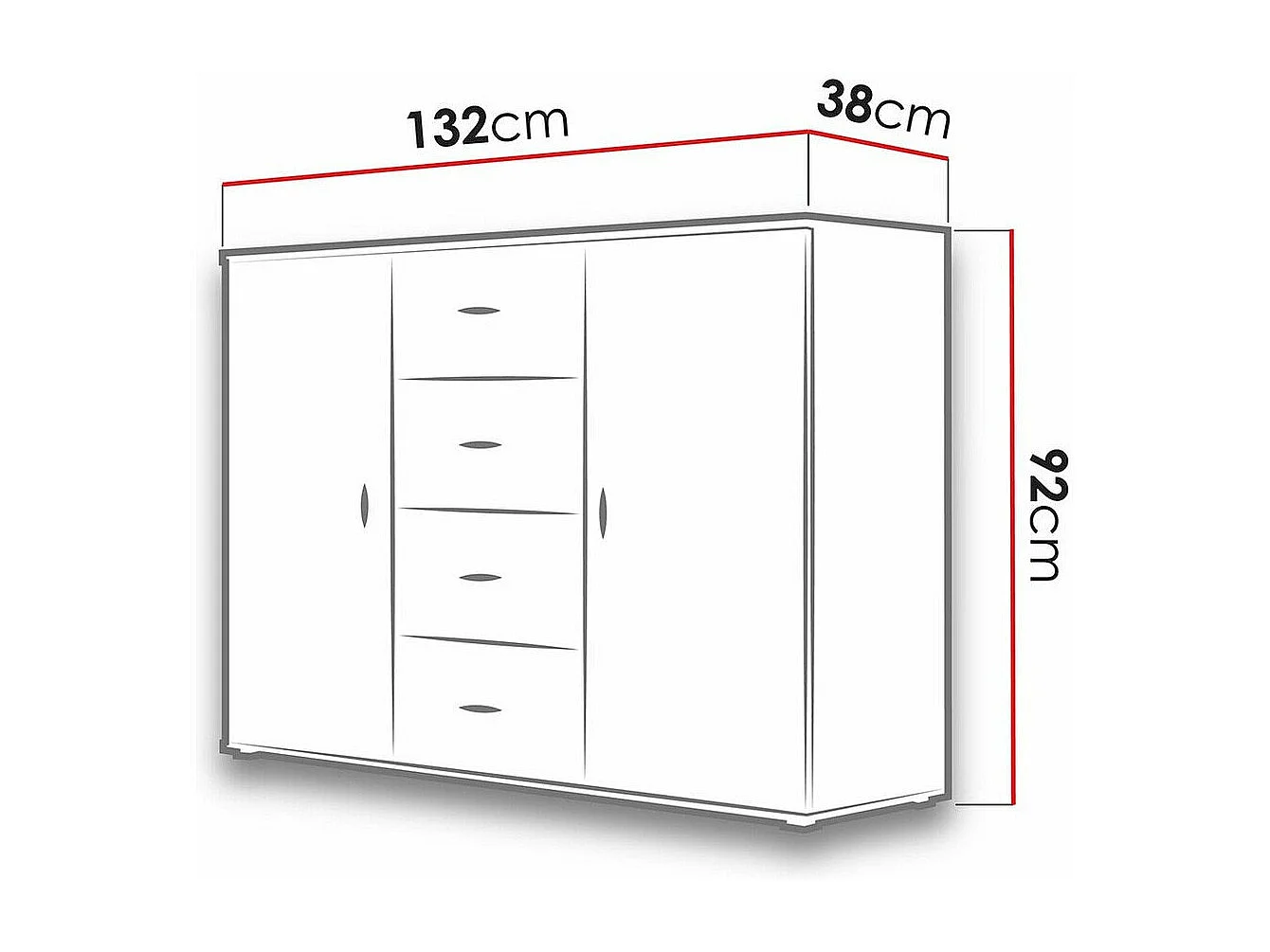 Commode Charlotte 118, Noir brillant|Noir, Tiroirs et portes, Nombre de tiroirs: 4, 92cm