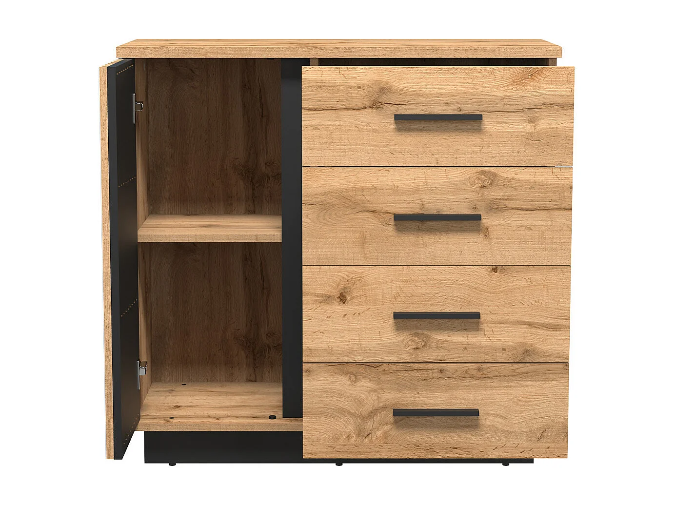 Commode Tenodeu 104, Chêne wotan|Noir, Avec tiroirs et portes, Nombre de tiroirs: 4, 88cm