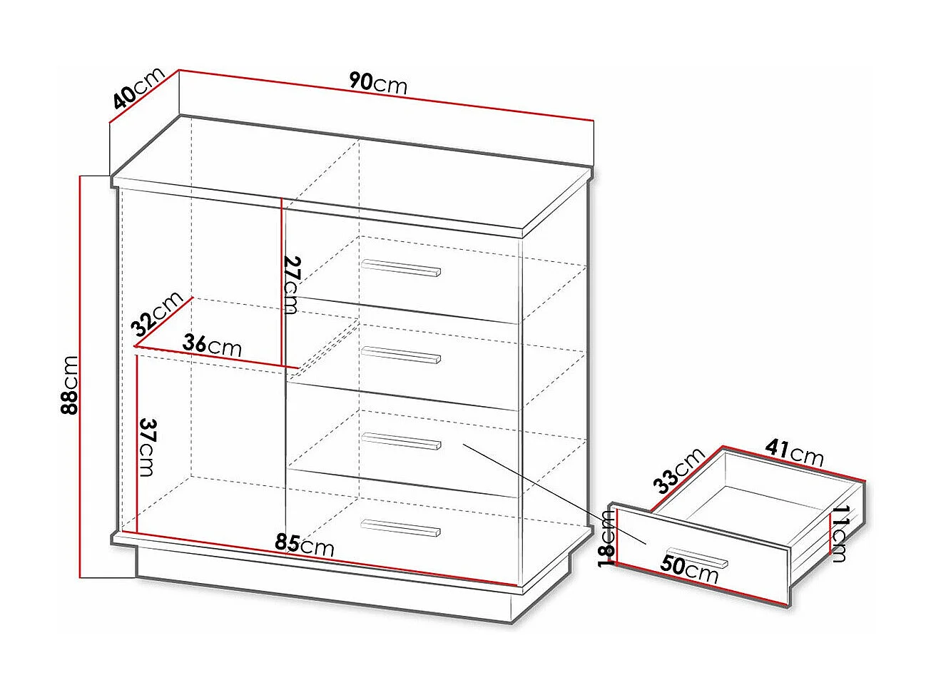Commode Tenodeu 104, Chêne wotan|Noir, Avec tiroirs et portes, Nombre de tiroirs: 4, 88cm